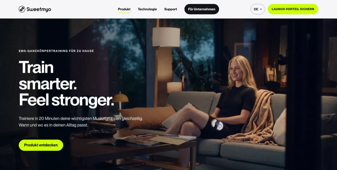 Startseite von Sweetmyo: „Train smarter. Feel stronger.“ – EMS-Training für zu Hause